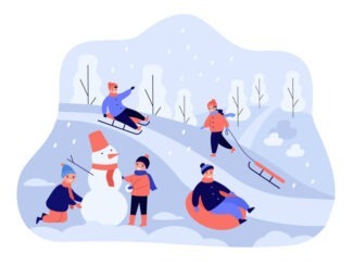 Cartoon children having fun and playing outdoors. Winter game activity, holiday and childhood concept