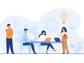 Company employees planning task and brainstorming flat vector illustration.