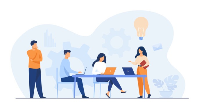 Company employees planning task and brainstorming flat vector illustration. 