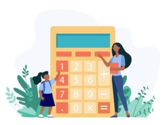 Woman explaining girl how to use calculator. Digit, teacher, child flat vector illustration. Education and calculation concept for banner, website design or landing web page