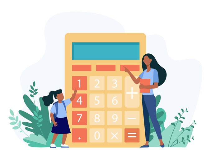 Woman explaining girl how to use calculator. Digit, teacher, child flat vector illustration. Education and calculation concept for banner, website design or landing web page
