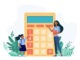 Woman explaining girl how to use calculator. Digit, teacher, child flat vector illustration. Education and calculation concept for banner, website design or landing web page