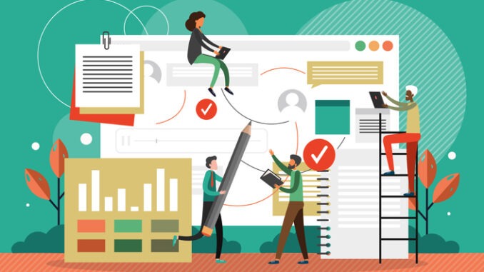 Business team working together with project data dashboard in the office. Business data analytics.