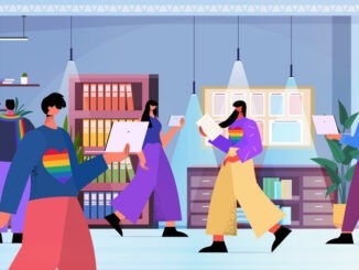 businesspeople working together in office lgbt rainbow flags gay lesbian transgender love