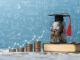 Students for College and University Tuition, Tuition for Education, Investment and Scholarships. stack of coins on a book with a graph and a graduation cap