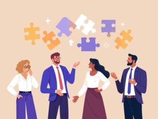 illustration of a group of diverse people standing and talking to each other with puzzle pieces above their heads.