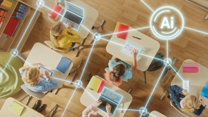 Top-down View of Children in Classroom Use Tablets and Laptops, Connectivity by Lines of AI Data, Information. Diverse Kids Study with Interactive E-Learning, Modern Education, Digital Literacy