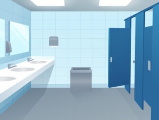 Public toilet, empty wc restroom interior with closed cubicles, urinals, washbasins with mirror and liquid soap, litter bin on tiled floor