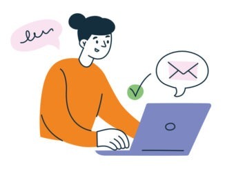 illustration of woman working at laptop, sending or getting emails, email icon and checkmark, cartoon freelancer or office worker character, productivity and digital communication