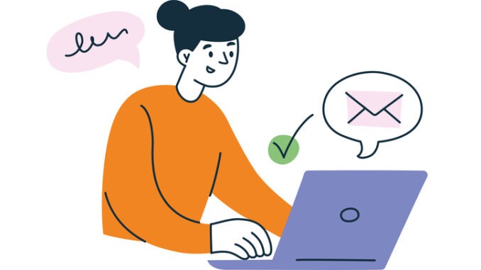  illustration of woman working at laptop, sending or getting emails, email icon and checkmark, cartoon freelancer or office worker character, productivity and digital communication