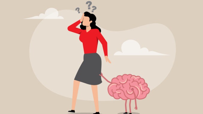 a woman, appearing stressed or perplexed with one hand on her forehead, looks back to see her brain, depicted as a separate, small, pink, sentient entity with tiny legs, walking away from her