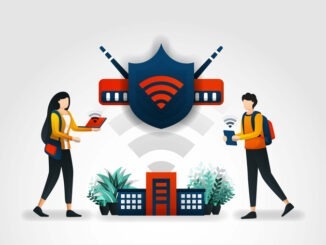 Vector illustration concept. students are accessing internet safely using a wifi network and shield. network security check securing wifi with help of security services company and security companies