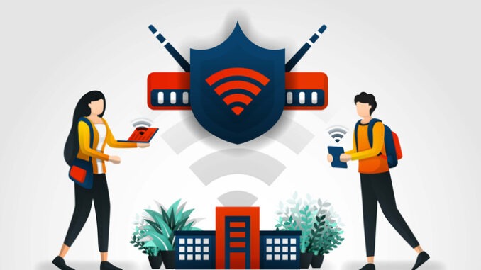 Vector illustration concept. students are accessing internet safely using a wifi network and shield. network security check securing wifi with help of security services company and security companies