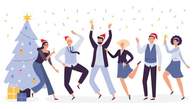 Office Christmas celebration. Happy business team workers corporate party, celebrate New Year in xmas hats. 2020 winter holiday businessman and businesswoman office celebrating vector illustration
