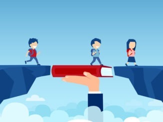 Vector of a teacher hand holding a book bridging the gap in primary education for children passing by