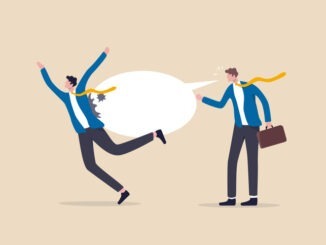 Hate speech, bullying, words or message that hurt people, aggressive management style, racism in workplace concept, bossy aggressive businessman shout with speech bubble to hurt coworker or colleague.