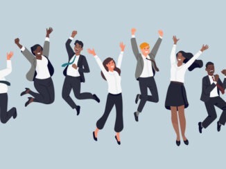 Jumping business people. Cheerful company employees, office managers, team event or motivated teamwork, happy men and women in formal suits having fun. Vector set