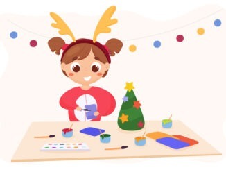 A child in New Year's pajamas makes a fake for Christmas and New Years. For Christmas and New Year cards, background, banner, poster, web and advertising.