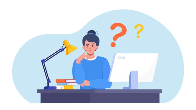 Thinking woman asking questions, searching information. Female character with question marks over head. Solving puzzle or business problem. Choice concept