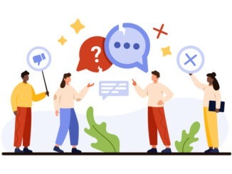 Communication barrier, misunderstanding in collaboration, negotiation problem and conflict. Tiny people talk, listen with bad empathy, broken speech bubbles with cracks cartoon vector illustration