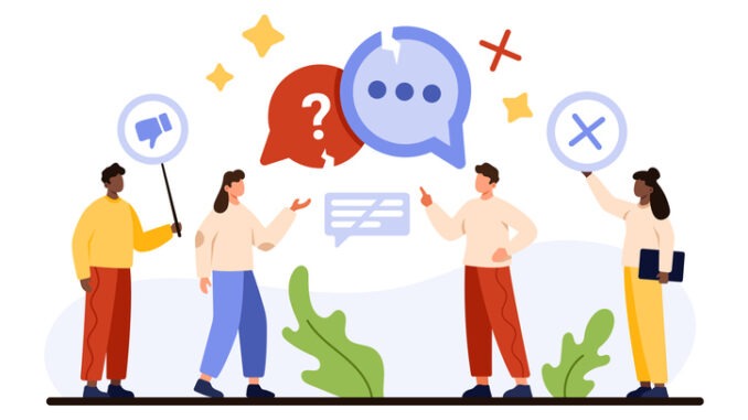 Communication barrier, misunderstanding in collaboration, negotiation problem and conflict. Tiny people talk, listen with bad empathy, broken speech bubbles with cracks cartoon vector illustration