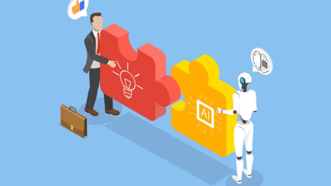 3D Isometric Flat Vector Illustration of Human and AI Working Together, Artificial Intelligence Collaboration