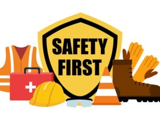 Safety first concept. Engineer helmet, safety shoe, vest, protective glasses and gloves in flat design on white background.