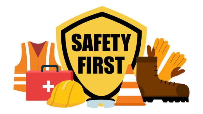 Safety first concept. Engineer helmet, safety shoe, vest, protective glasses and gloves in flat design on white background.