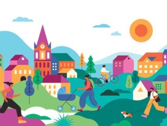 Colorful Urban Park Scene. People Exercising, Cycling, and Walking in a Vibrant Cityscape. Vector Illustration.