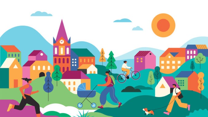 Colorful Urban Park Scene. People Exercising, Cycling, and Walking in a Vibrant Cityscape. Vector Illustration.