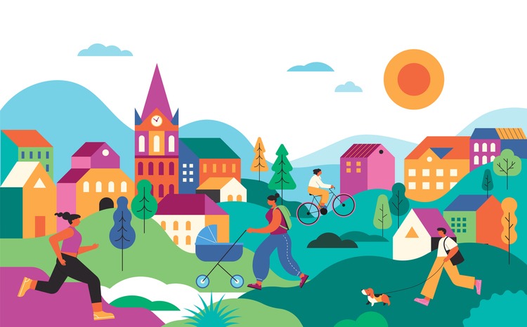 Colorful Urban Park Scene. People Exercising, Cycling, and Walking in a Vibrant Cityscape. Vector Illustration.