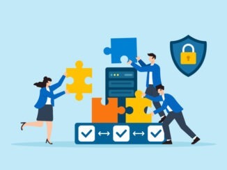 Flat illustration of three people locking puzzle pieces around server to form secure network against cyber attacks