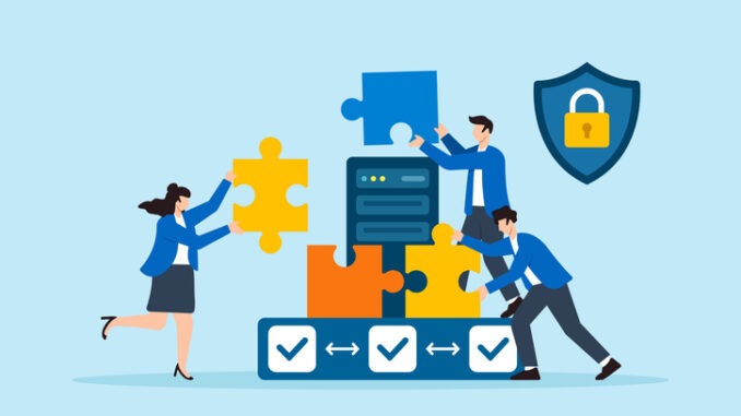 Flat illustration of three people locking puzzle pieces around server to form secure network against cyber attacks