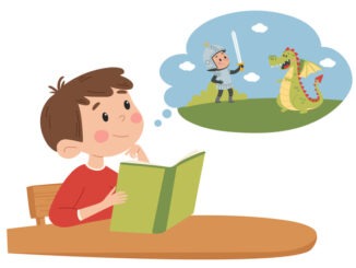 Cute little boy sitting and reading a book at a table, girl and cloud with fantasy. Flat character vector illustration