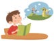 Cute little boy sitting and reading a book at a table, girl and cloud with fantasy. Flat character vector illustration