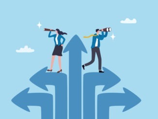 Vision to see success direction in uncertainty, change or leadership to make decision, planning or discovery challenge, search for opportunity, businessman woman look through telescope and spyglass.