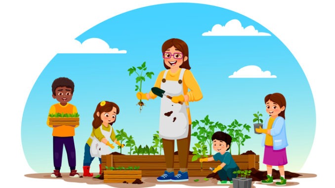 Cartoon teacher and children are planting vegetables together at school garden, vector ecology education, environment and nature. Smiling young woman, boys and girls student with green seedlings