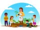 Cartoon teacher and children are planting vegetables together at school garden, vector ecology education, environment and nature. Smiling young woman, boys and girls student with green seedlings