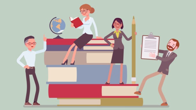 Teachers group at giant books. School or college workers with professional discipline tools, university staff poster. Science and education concept. Vector flat style cartoon illustration