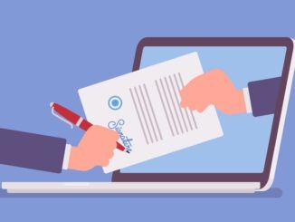 Electronic signature on laptop. Business Esignature technology, digital form attached to electronically transmitted document, verification of intent to sign agreement, legal deal. Vector illustration