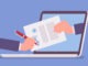 Electronic signature on laptop. Business Esignature technology, digital form attached to electronically transmitted document, verification of intent to sign agreement, legal deal. Vector illustration