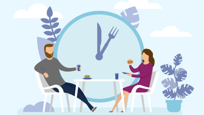 Man and Woman are eating together. Business Lunch Time concept. Big clock with abstract background. Flat style. Vector illustration.