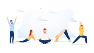 Vector illustration, concept of meditation during working hours, break, health benefits of the body, mind and emotions, thought process. People are relaxing vector illustration isolated on white