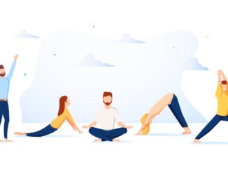 Vector illustration, concept of meditation during working hours, break, health benefits of the body, mind and emotions, thought process. People are relaxing vector illustration isolated on white