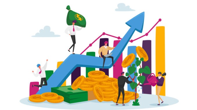 Income Growth Concept. Businesspeople Characters Teamwork Cooperation. Team of Businesspeople Climbing Growing Arrow Chart, Financial Success, Wealth and Money Grow. Cartoon People Vector Illustration
