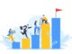 Business mentor helps to improve career and holding stairs steps vector illustration. Mentorship, upskills and self development strategy flat style design business concept.
