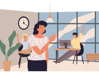 Young woman leaving office and saying goodbye to colleagues. She going home after a day at the office. Cute female character leaving workplace. Daily routine concept. Flat cartoon vector illustration