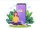Woman meditate in lotus pose retreating from social media and internet by turning off smartphone. Digital detox concept vector illustration.