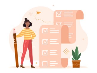 Planning and time management concept. Woman with pencil stands next to large to do list. Mark completed task. Personal efficiency at work. Cartoon flat vector illustration isolated on white background