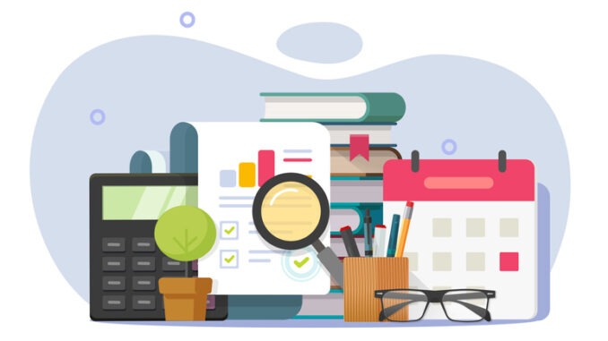 Study research overview audit vector icon graphic illustration, education analysis discovery report insight data, learning statistics economic document review, check internal school quality assessment